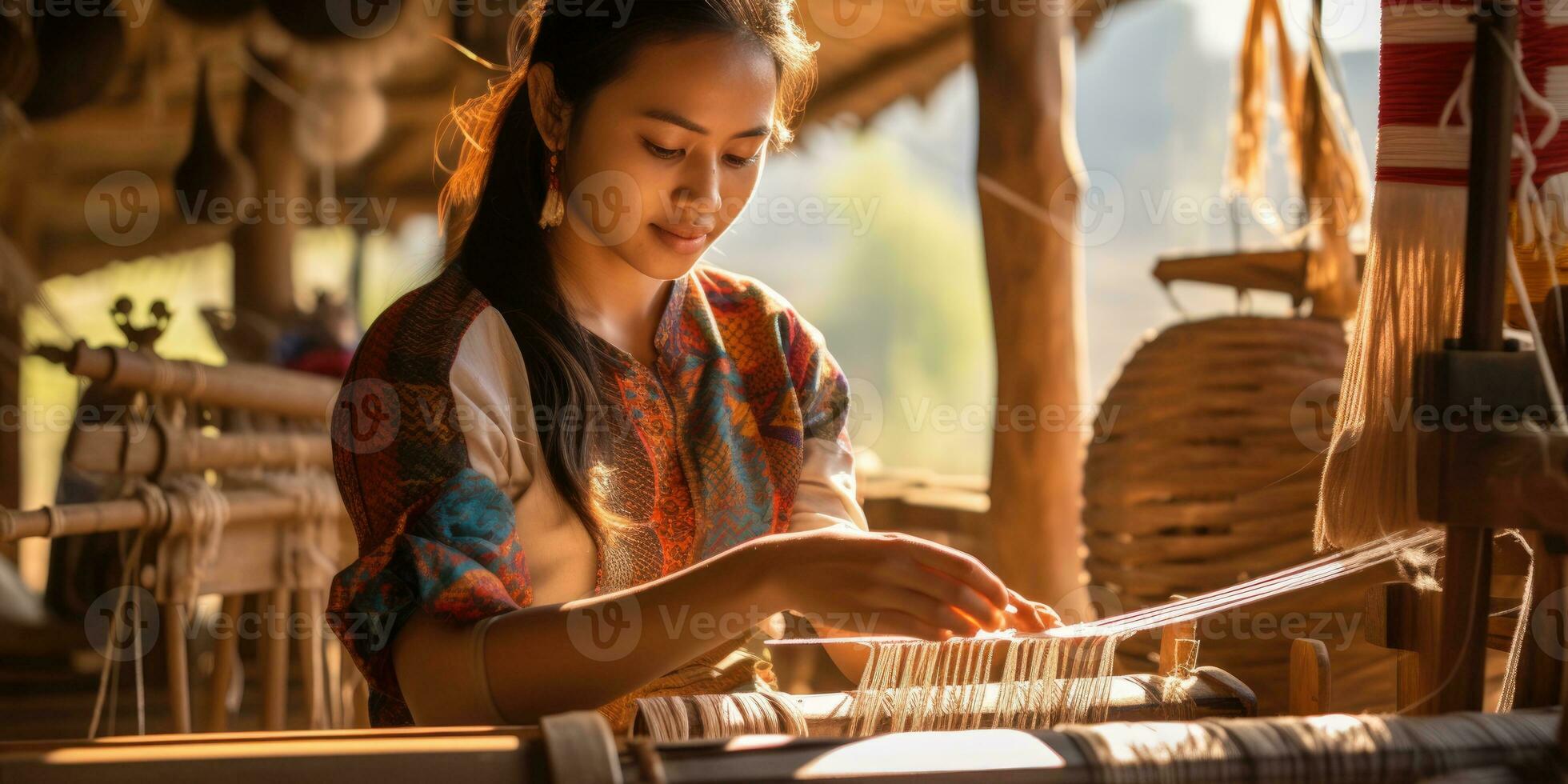 Master weaver is weaving fabric . AI Generated photo