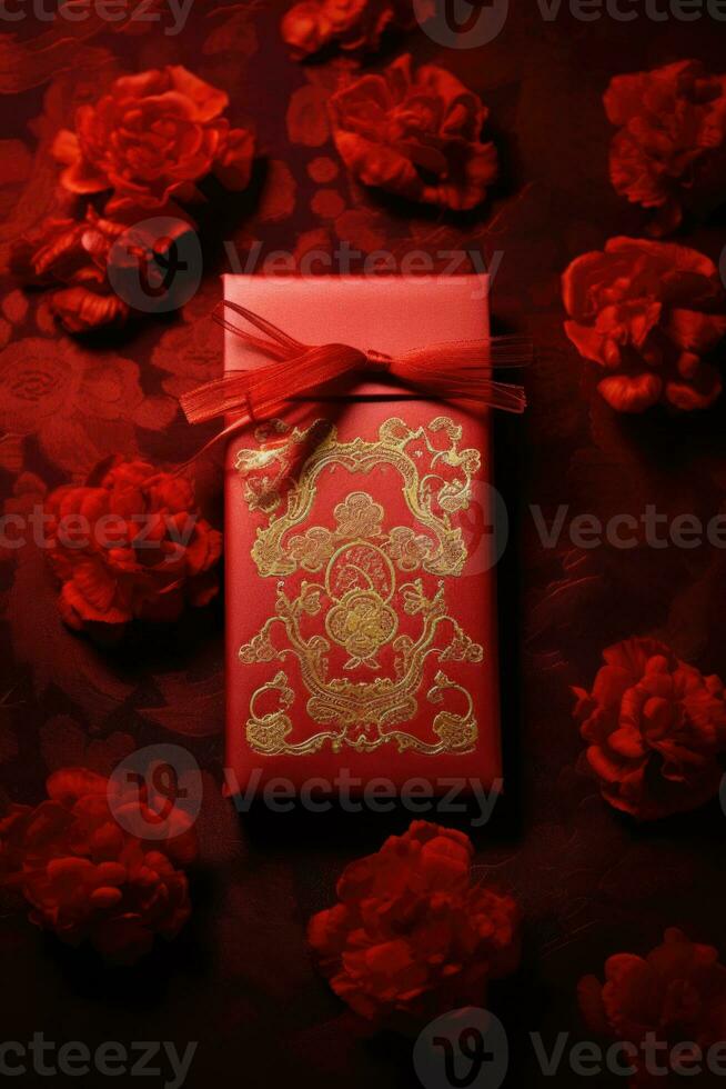 beautiful asian style red envelope on table. AI Generated photo