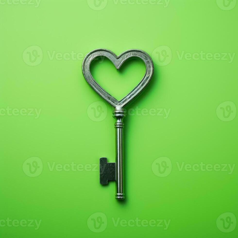 Key heart shape on green background. AI Generated photo
