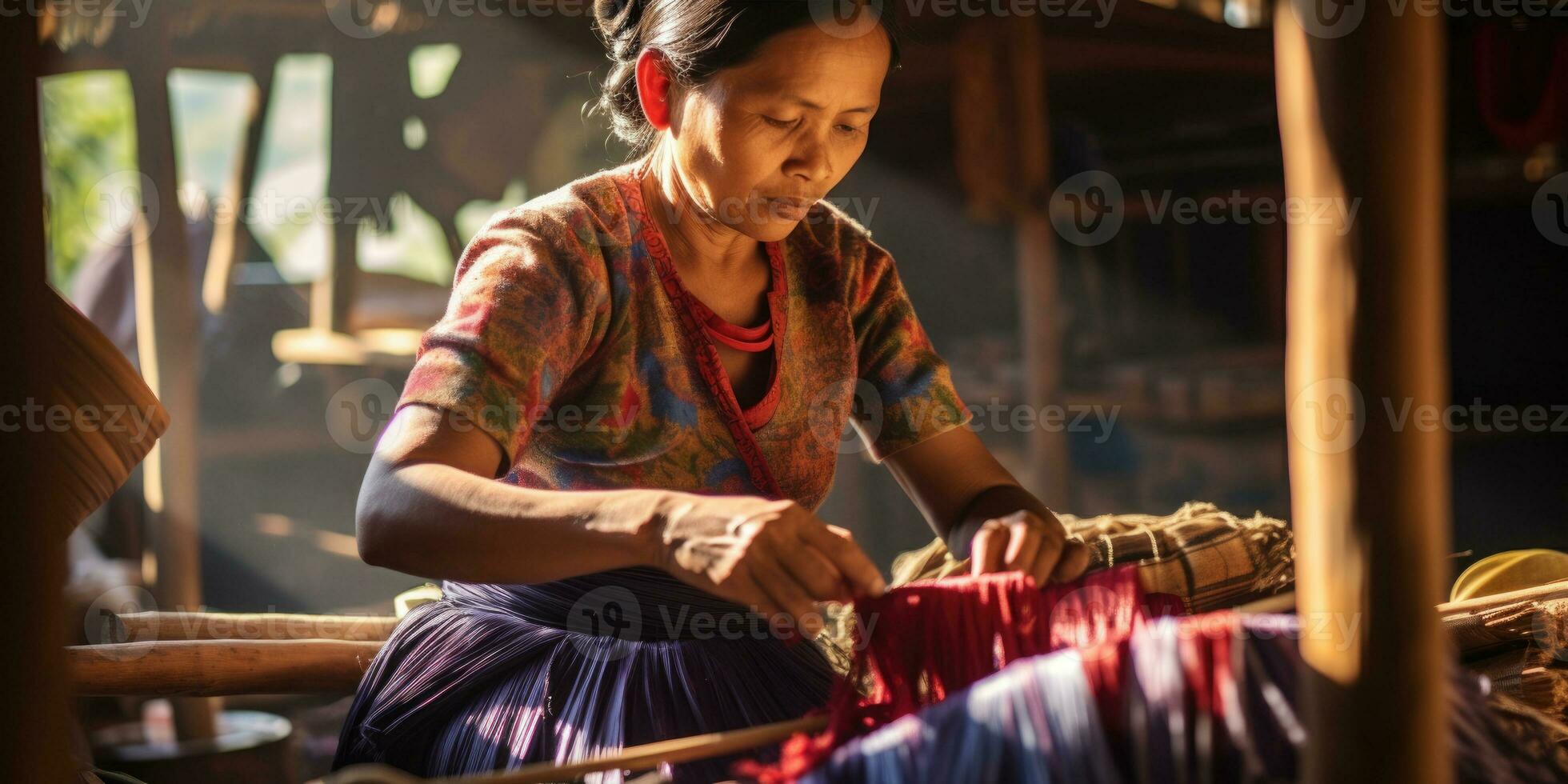 Master weaver is weaving fabric . AI Generated photo