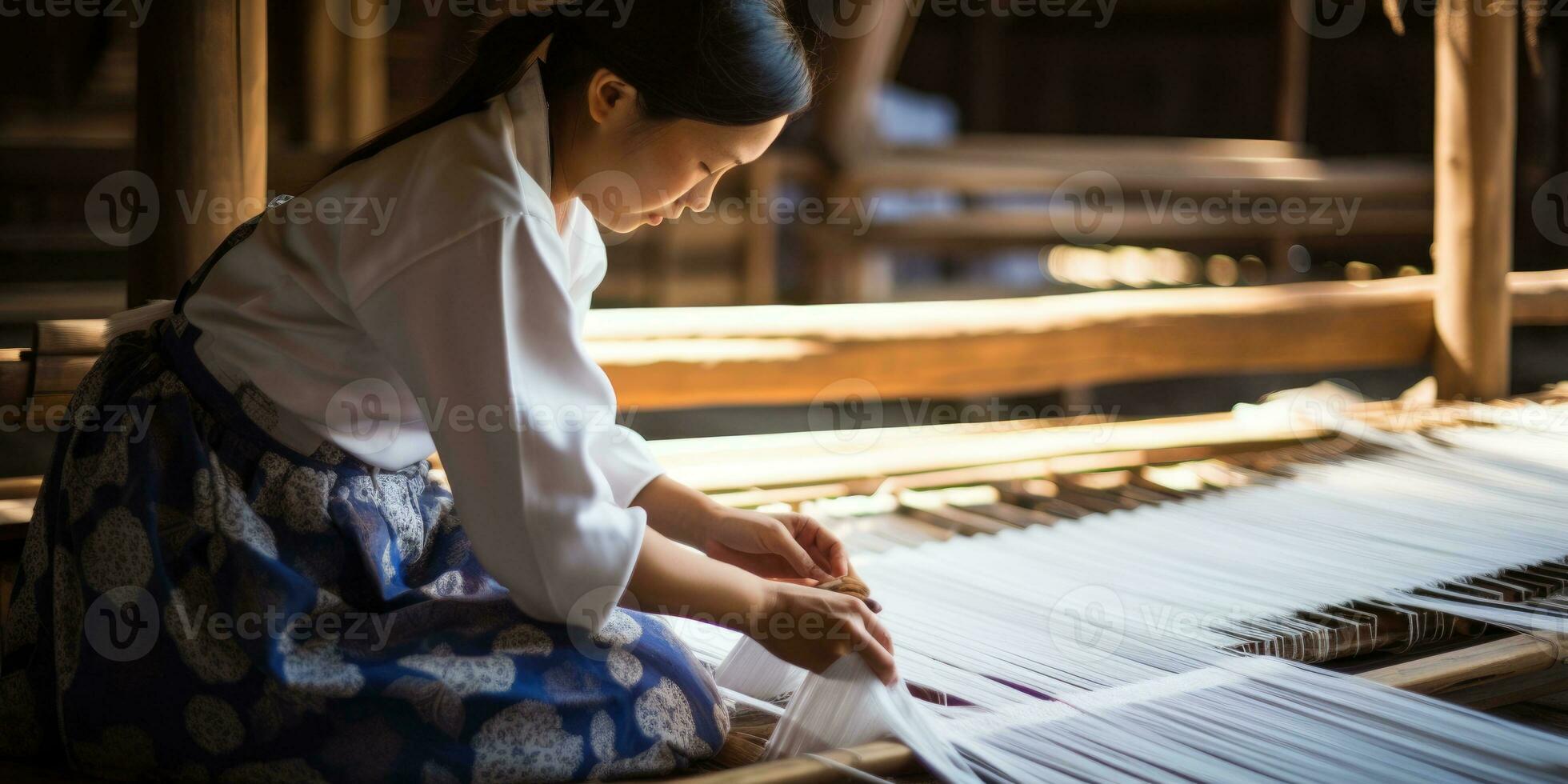 Master weaver is weaving fabric . AI Generated photo