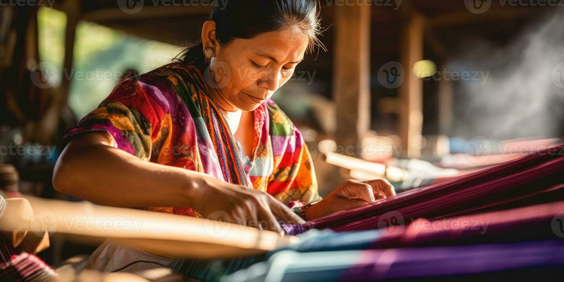 Master weaver is weaving fabric . AI Generated photo