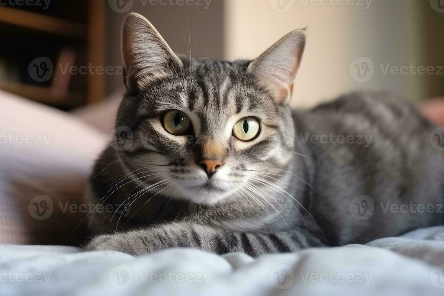 Gray striped cat lying in bed covered with blanket. AI Generated photo