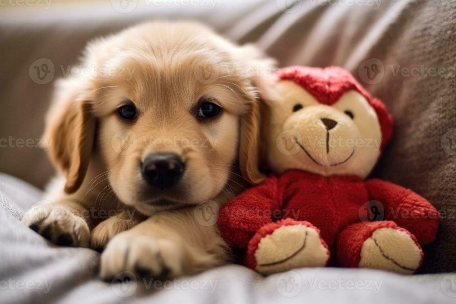 Cute fluffy puppy hugging teddy lying on bed. AI Generated photo