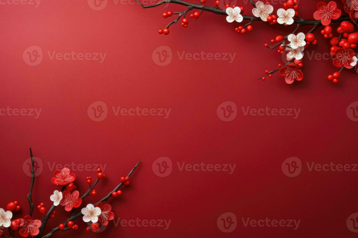 Chinese new year decorations with sakura flowers on red background. AI Generated photo