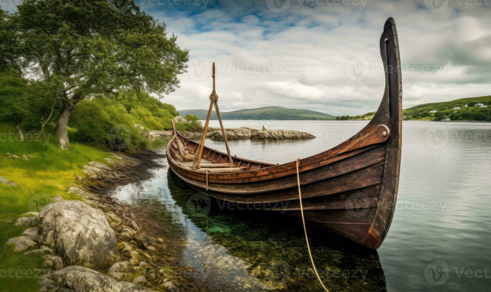 The Vikings' mighty longship moored on the sandy shore Creating using generative AI tools photo