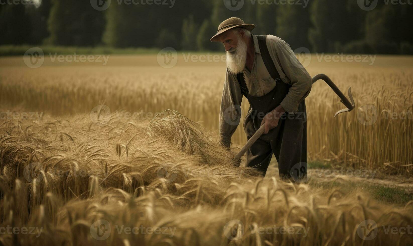 Peasant harvesting wheat with a sharp scythe Creating using generative AI tools photo