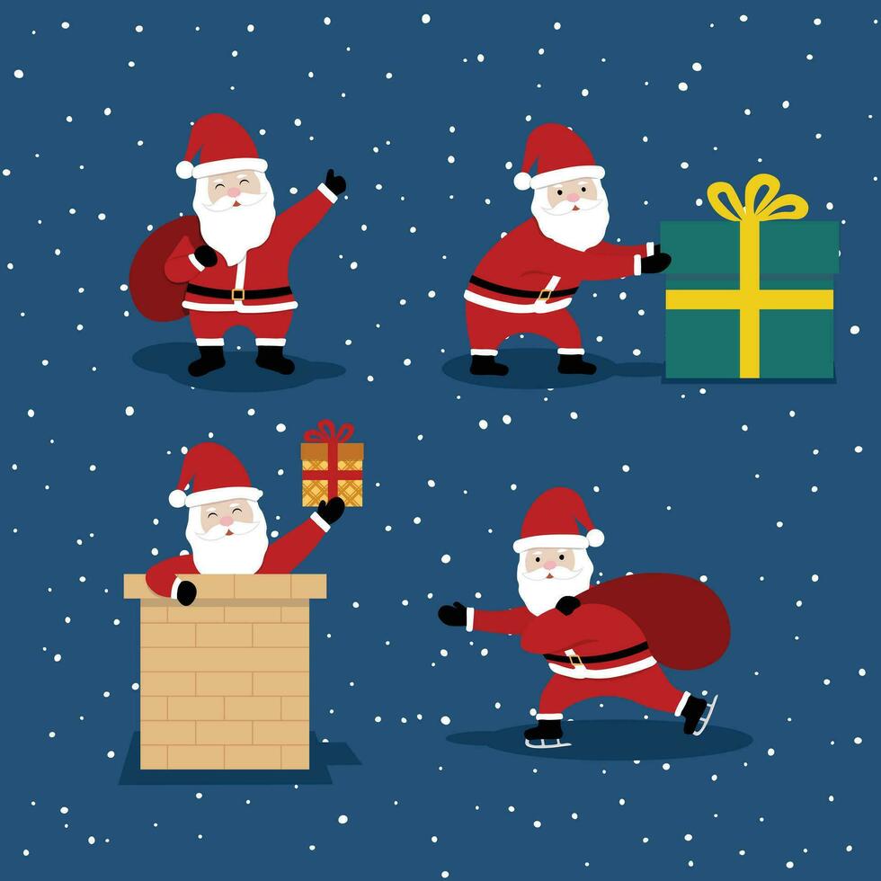 Set of cute Santa Claus flat vector on snowy background. Cartoon style character for Christmas concept. Merry Christmas