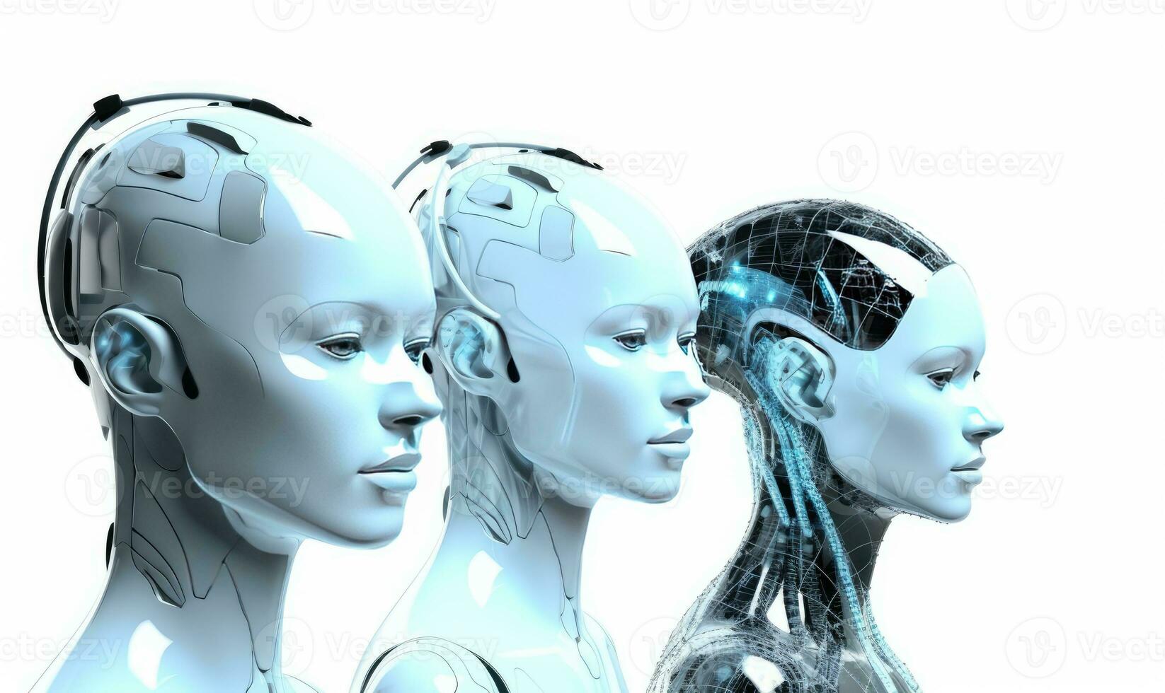 Female android with a human face and robotic body. Creating using generative AI tools photo