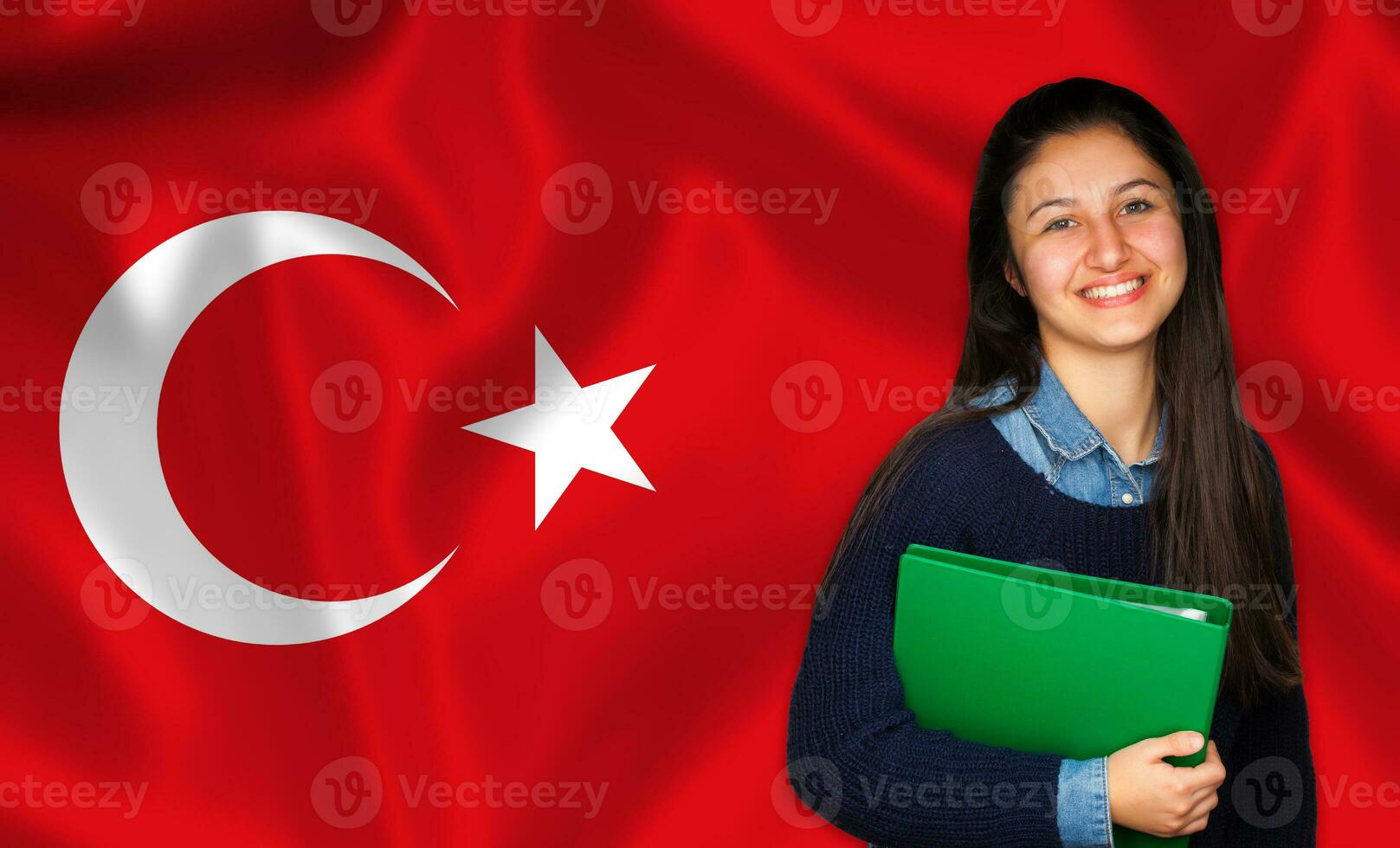 Teen student smiling over Turk flag photo