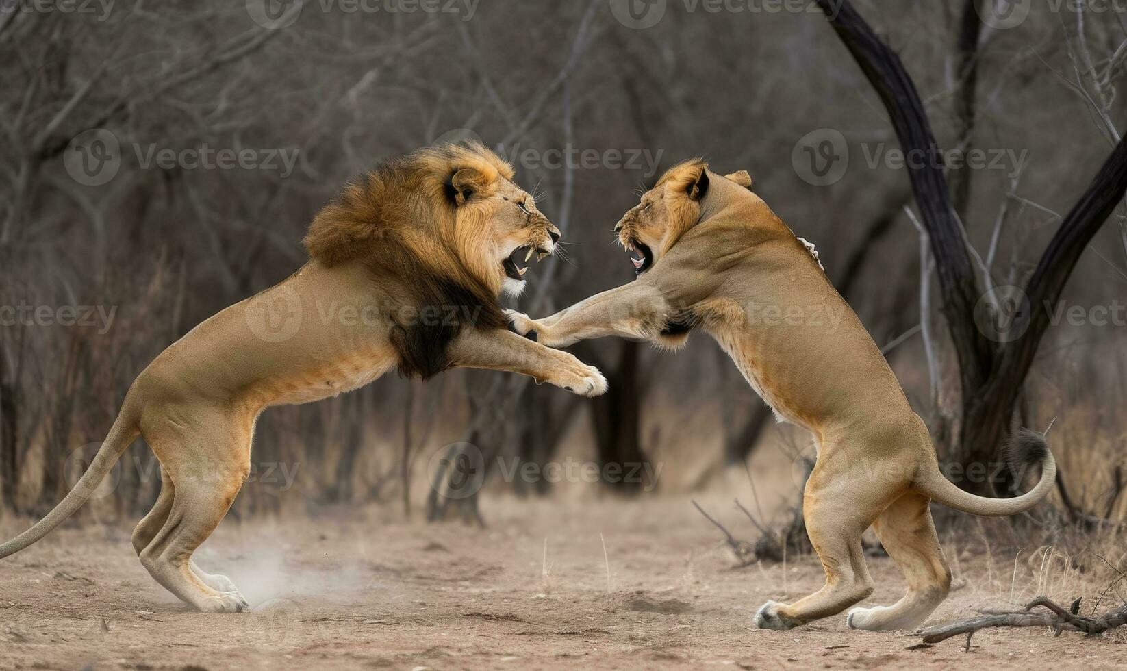 Two lions fiercely fighting for their pride Creating using generative AI tools photo