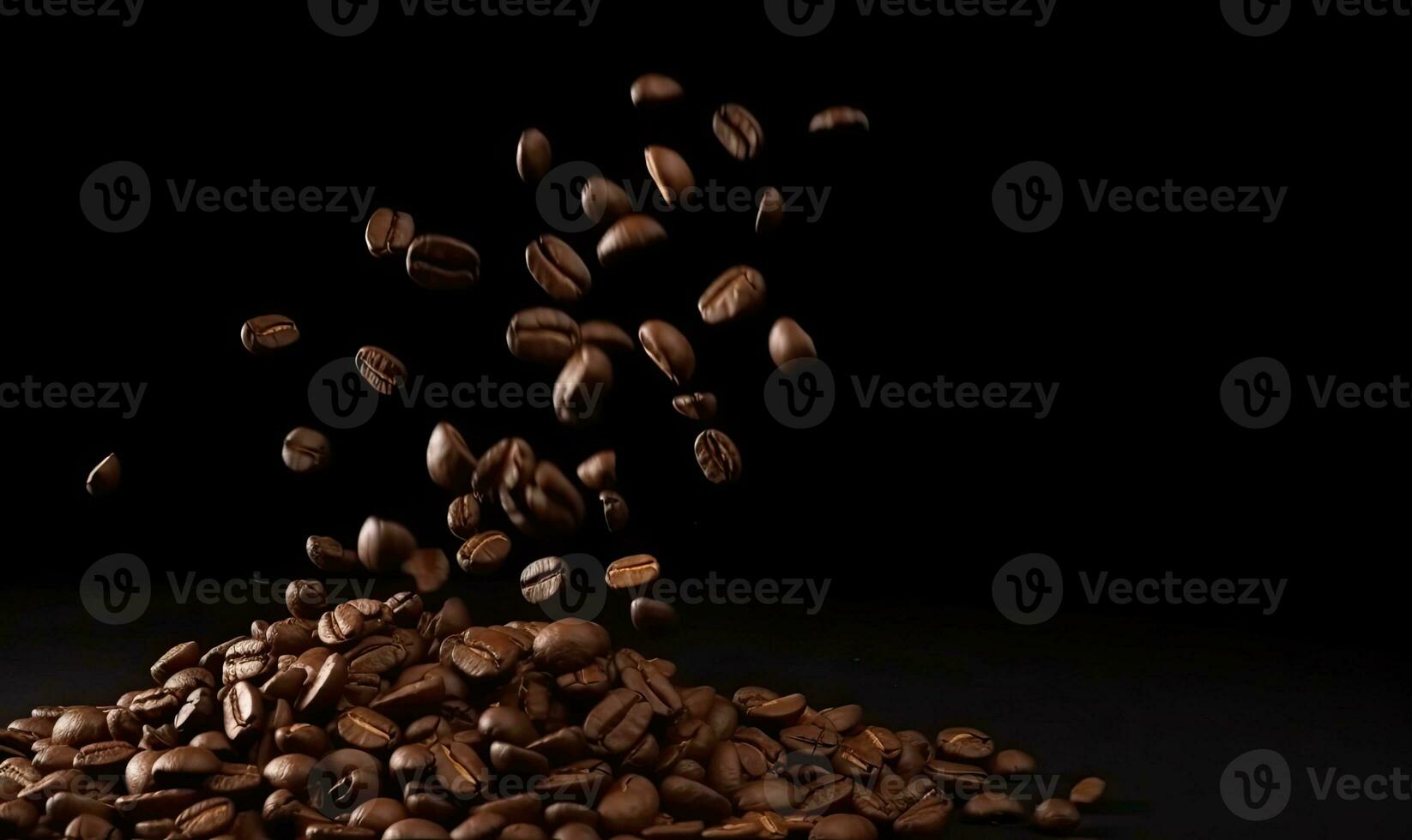 Flying down falling brown coffee beans on black background. Technology concept. Creating using generative AI tools photo