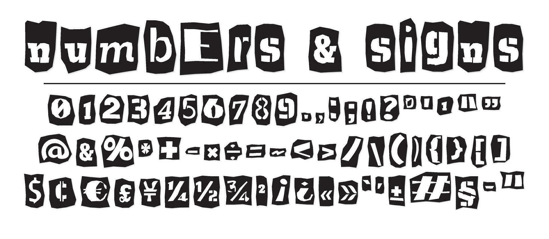 Ransom halftone collage style letters numbers and punctuation marks cut from newspapers and magazines. Vintage ABC collection. Black and white alphabet Typography vector illustration