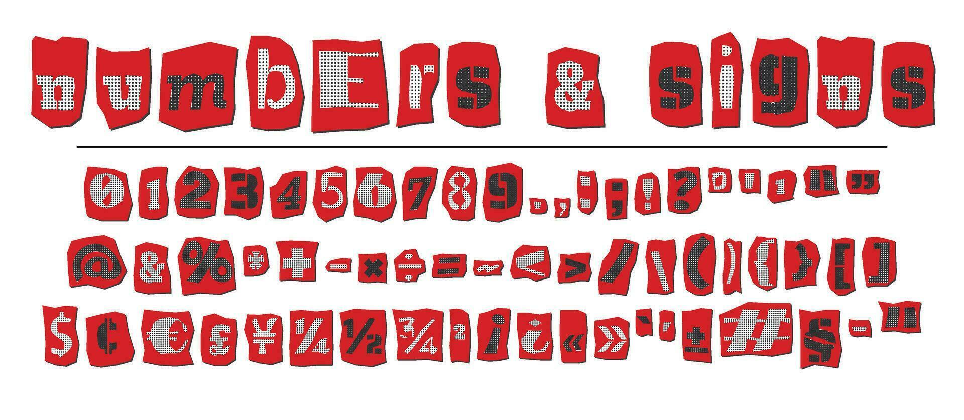 rescate trama de semitonos collage estilo letras números y puntuación marcas cortar desde periódicos y revistas Clásico a B C recopilación. rojo, negro y blanco alfabeto tipografía vector ilustración