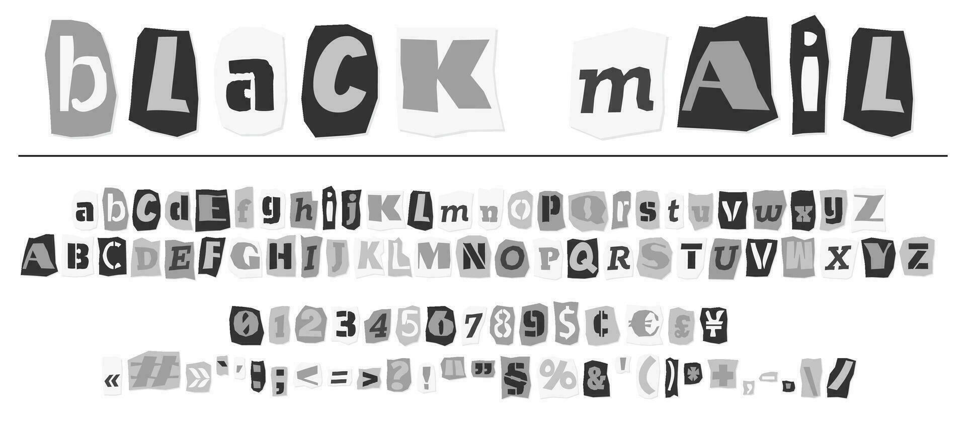 Ransom halftone collage style letters numbers and punctuation marks cut from newspapers and magazines. Vintage ABC collection. Black and white alphabet Typography vector illustration