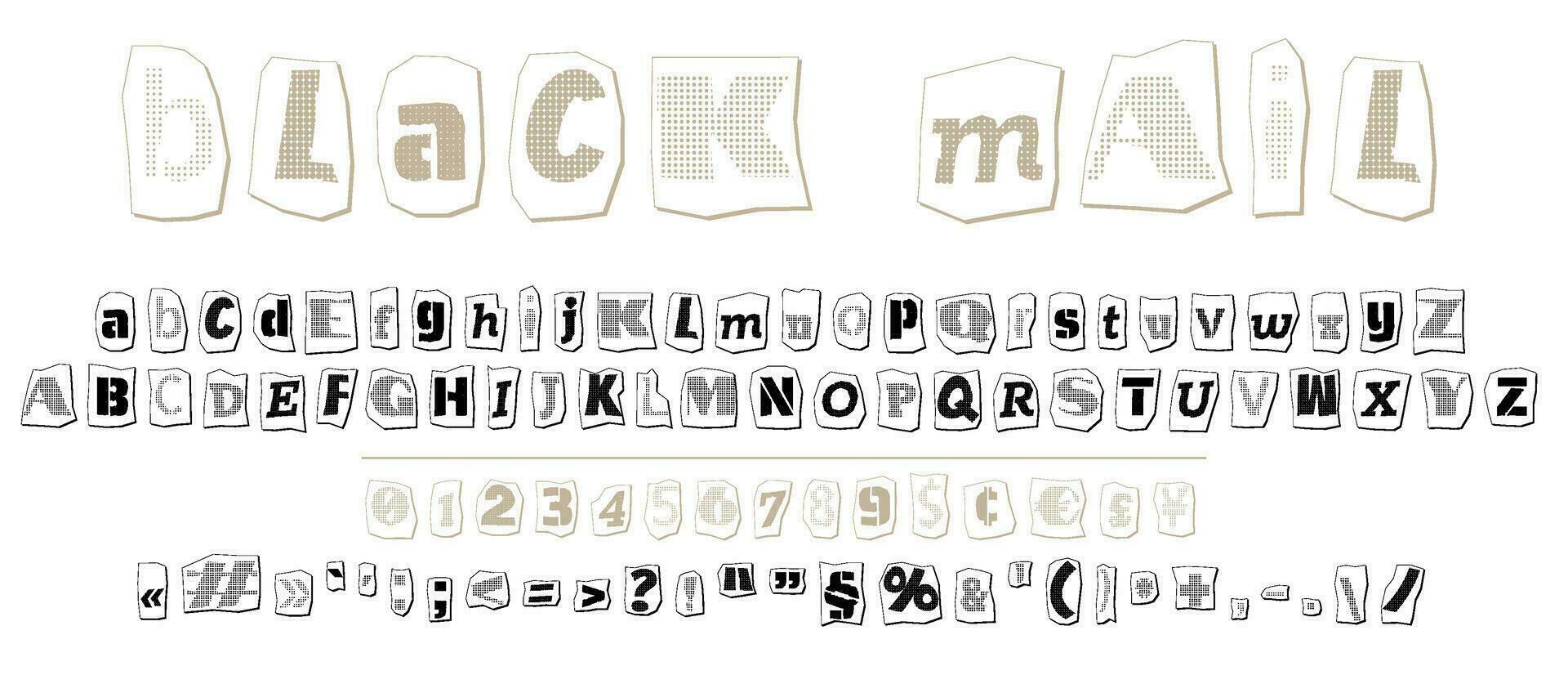 Ransom halftone collage style letters numbers and punctuation marks cut from newspapers and magazines. Vintage ABC collection. Black and white alphabet Typography vector illustration