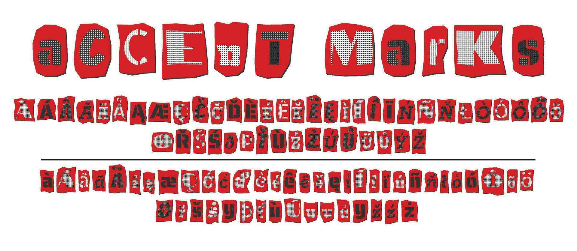 Ransom halftone collage style letters numbers and punctuation marks cut from newspapers and magazines. Vintage ABC collection. Red, black and white alphabet Typography vector illustration