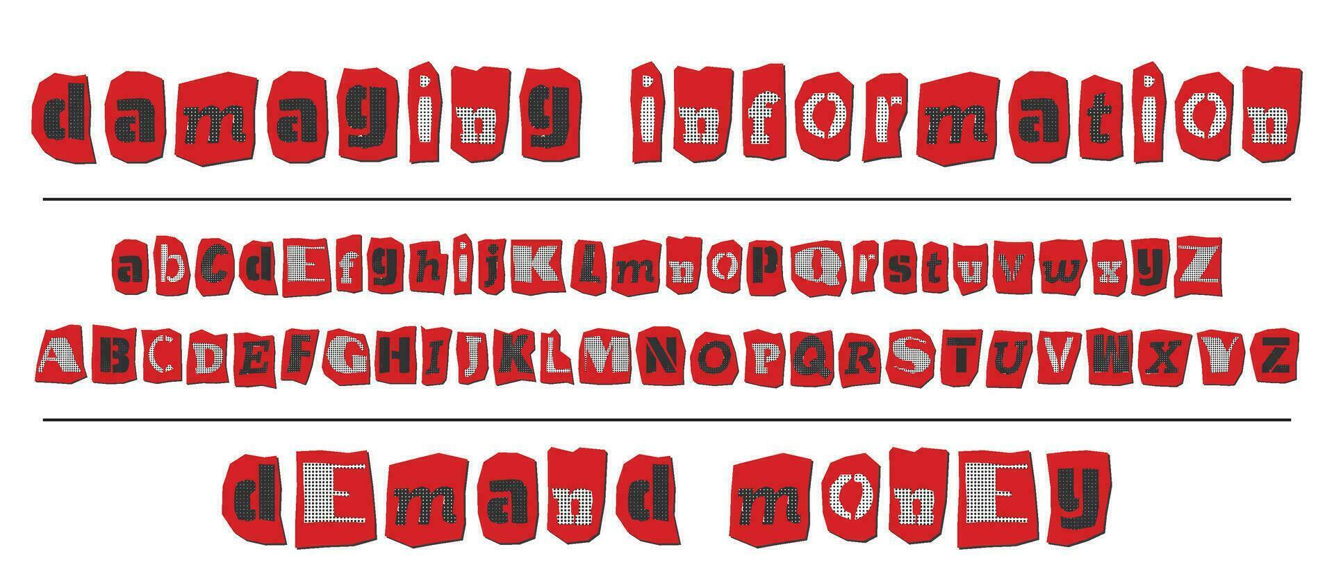 Ransom halftone collage style letters numbers and punctuation marks cut from newspapers and magazines. Vintage ABC collection. Red, black and white alphabet Typography vector illustration