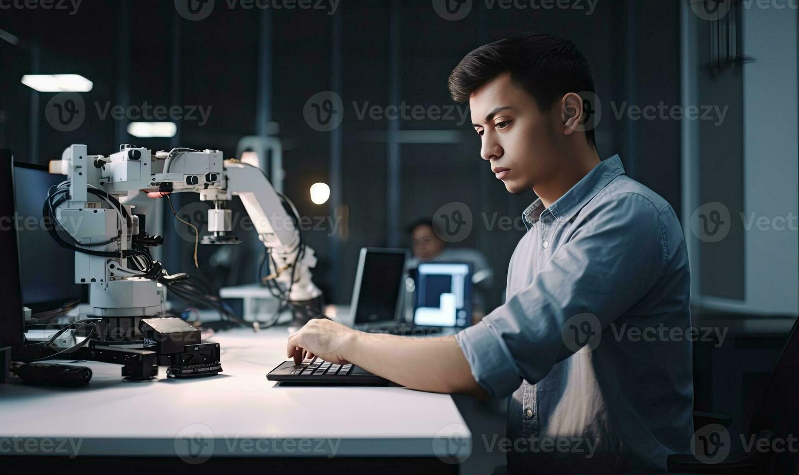 Professional young developer coding a new software program on laptop. Creating using generative AI tools photo