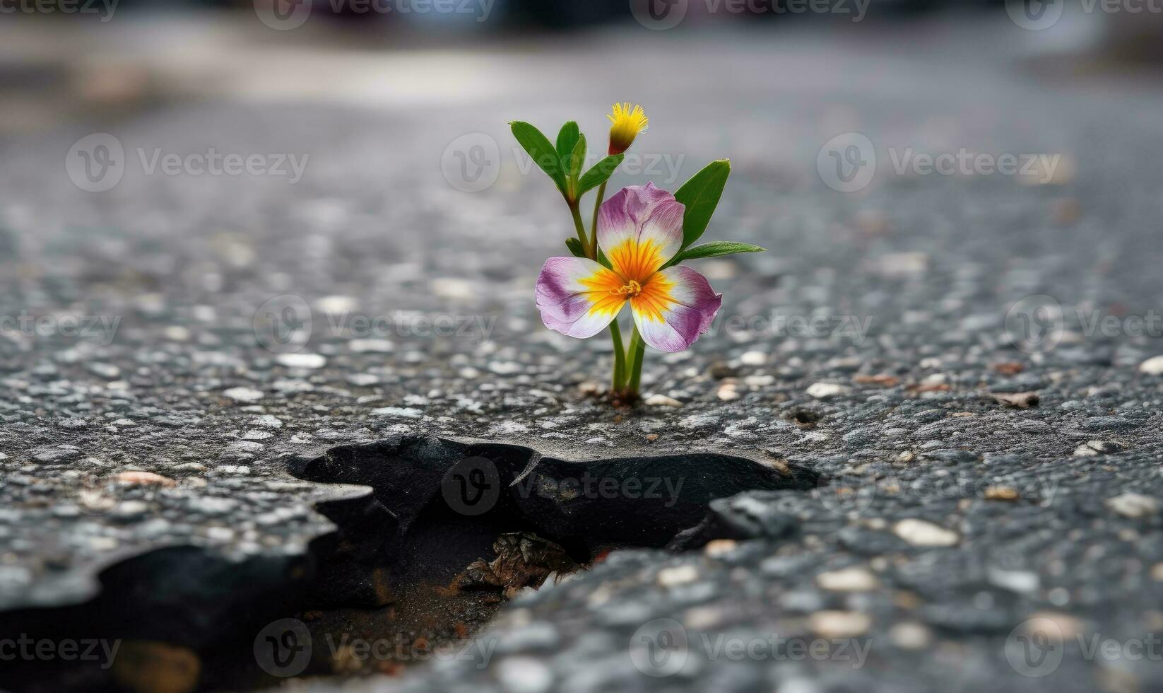 Flowers triumphantly growing in the midst of asphalt Creating using generative AI tools photo