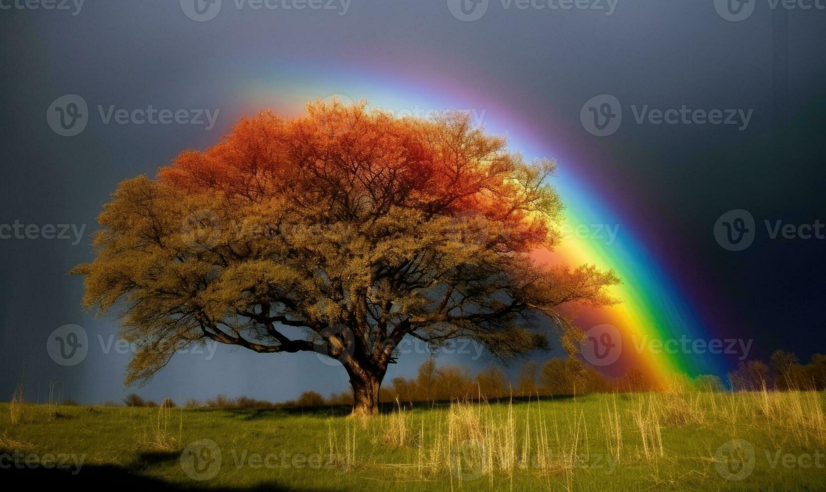 A colorful wonderland in the forest with rainbow trees Creating using generative AI tools photo