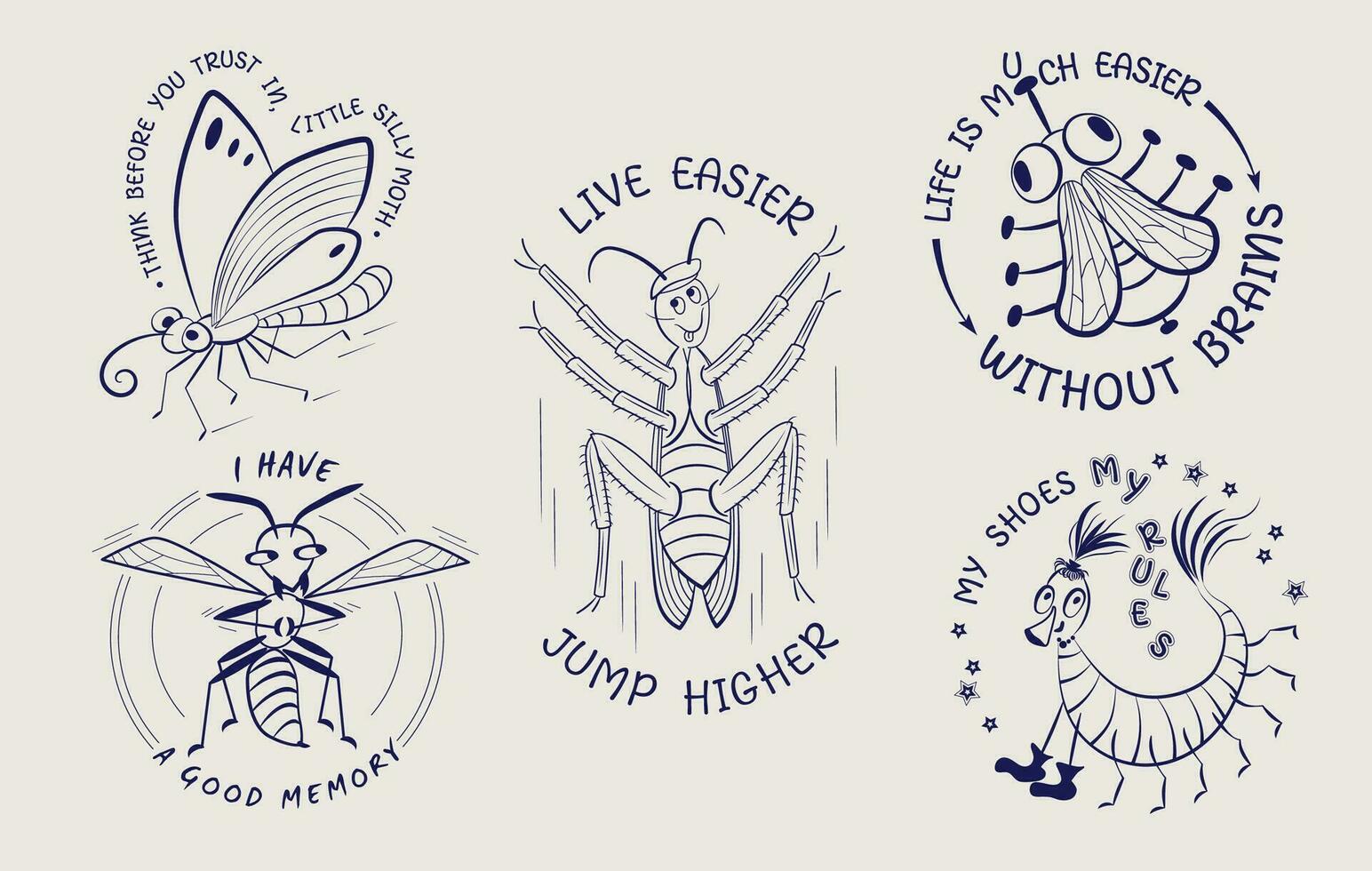 conjunto de gracioso emblemas con cómic dibujos animados insectos vector