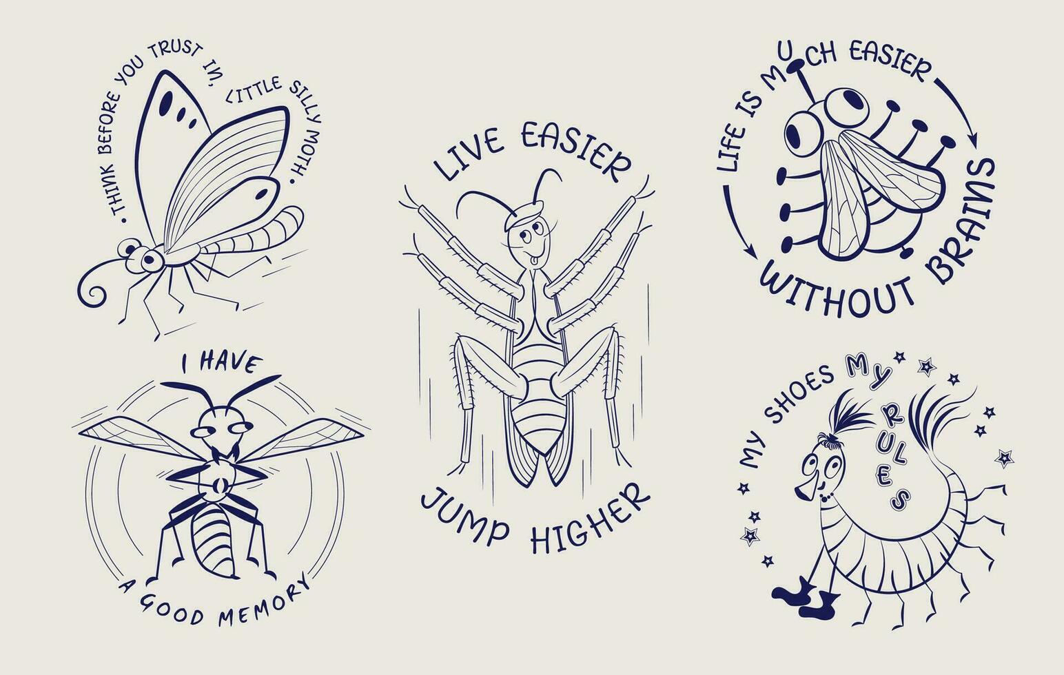 Set of funny emblems with comic cartoon insects vector