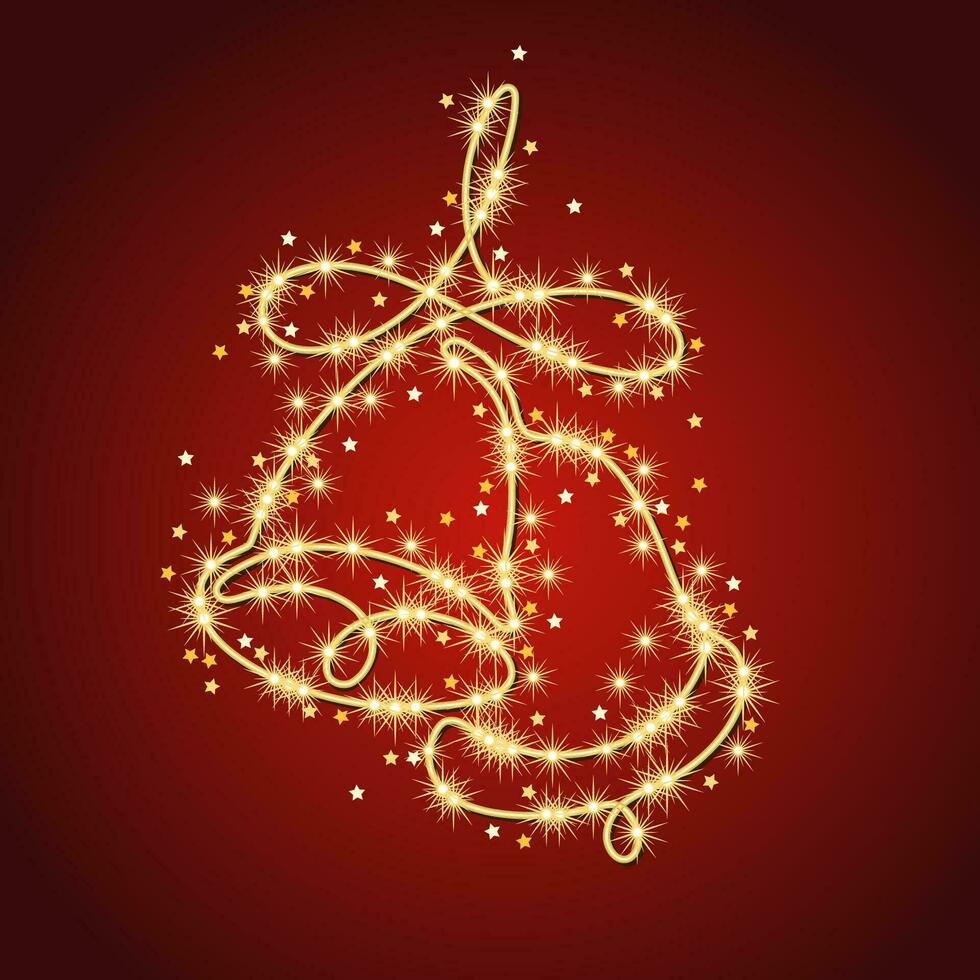 Two bells are drawn one line with sparkling small stars on red background. Festive illustration for Chirstmas, New Year holiday, wedding, party events. vector