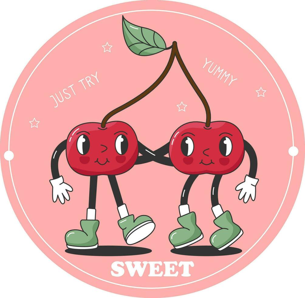 Label with Funny Retro Groovy Cartoon Hippie Berry Characters. Comic Cherries hugging each other. Groovy Summer Vector Sticker. 90s Sweet Juicy Fresh Fruit.