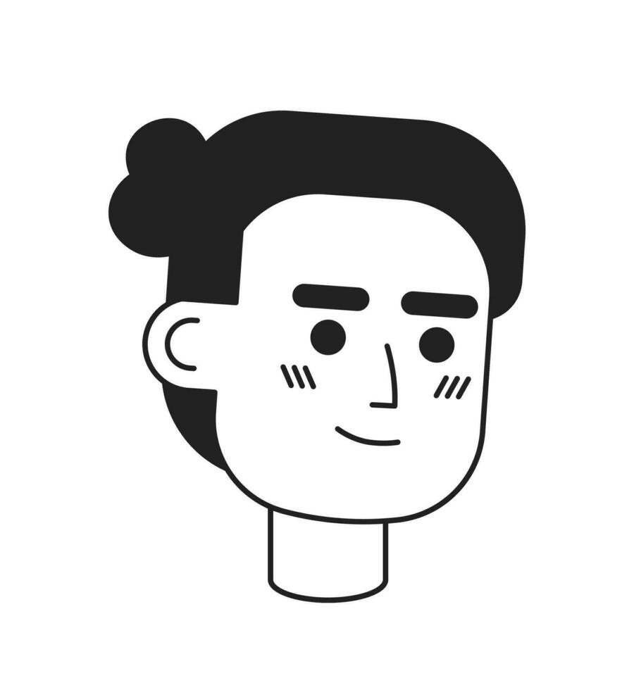 Young latino man with bun black and white black and white 2D vector avatar illustration. samurai hairstyle guy outline cartoon character face isolated. Relaxed flat user profile image, portrait