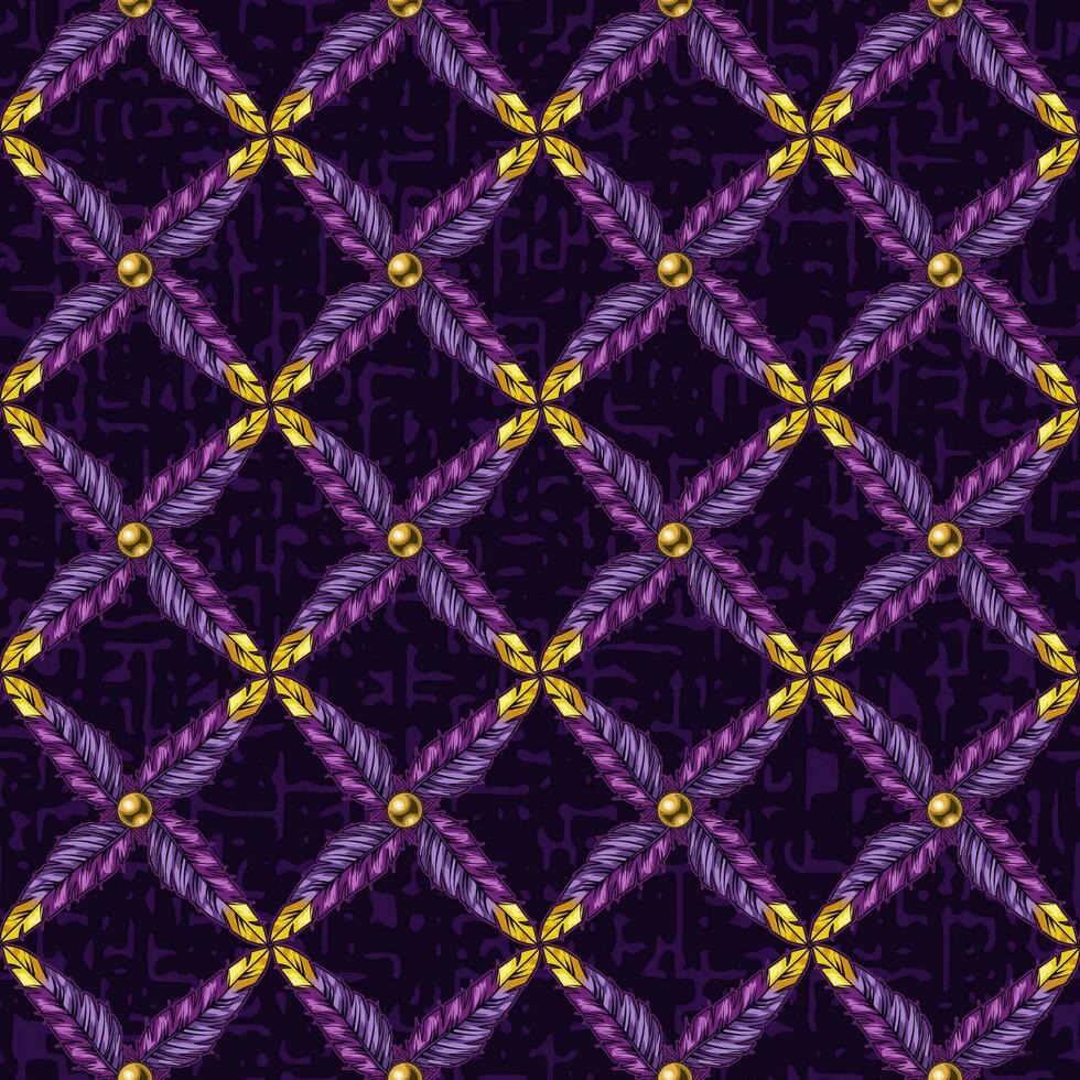 Geometric pattern with beads, square diagonal grid made of feathers vector