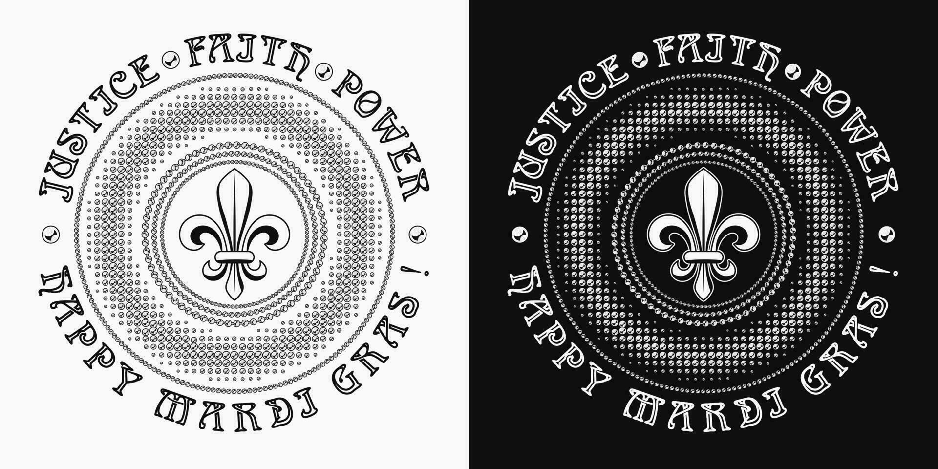 Round Mardi Gras black and white pattern with beads, fleur de lis symbol, text vector