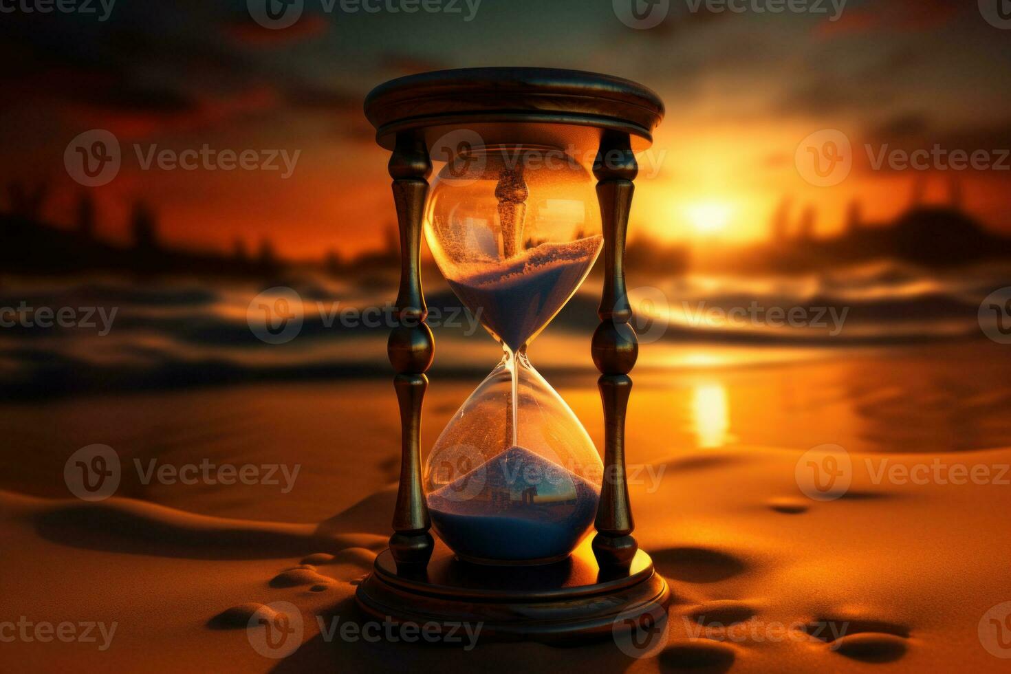 Hourglass on sand beach at sunset. Generative AI photo