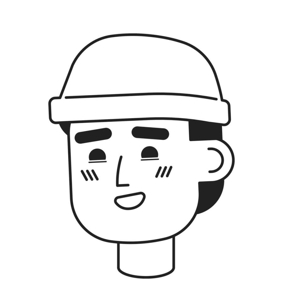 Wearing brimless hat man european black and white black and white 2D vector avatar illustration. Caucasian guy fashionable outline cartoon character face isolated. Flat user profile image, portrait