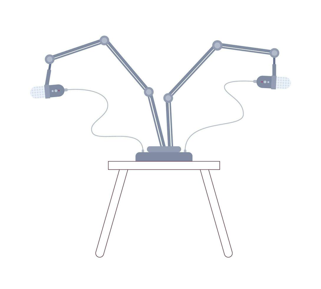 Two microphones stands on coffee table 2D cartoon object. Broadcast technology isolated vector item white background. Podcasting studio equipment. Mic stand desk color flat spot illustration