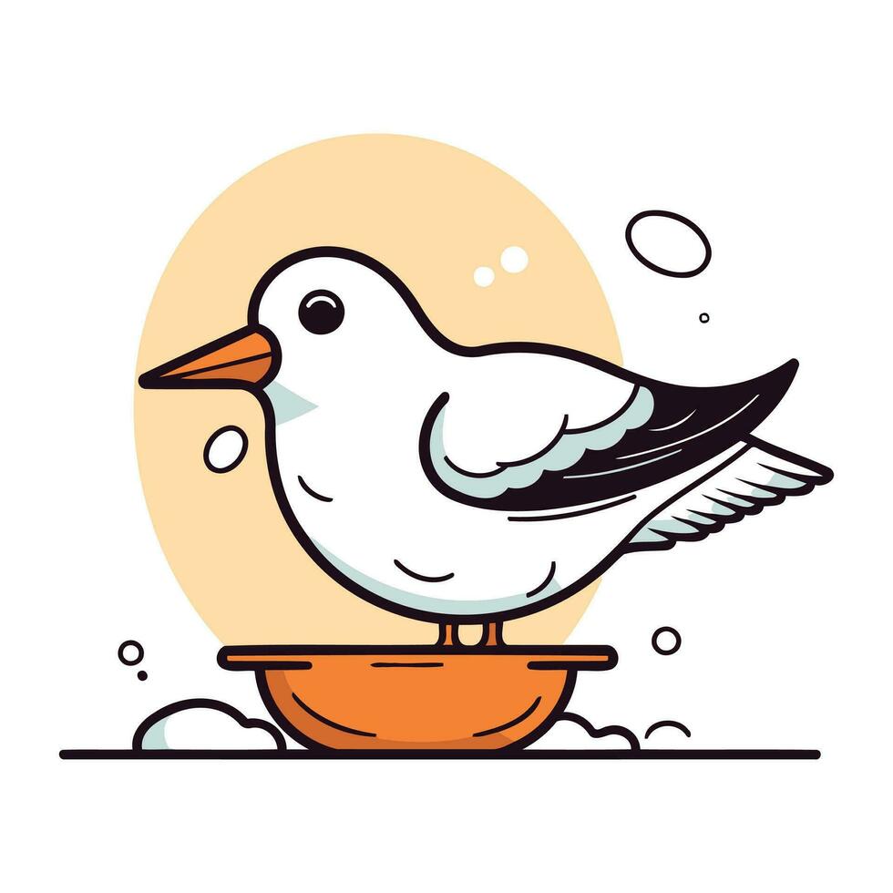 Vector illustration of a seagull sitting on a bowl with food.