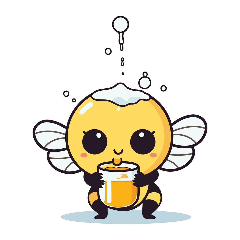 Cute bee holding a cup of coffee. Cute cartoon vector illustration.