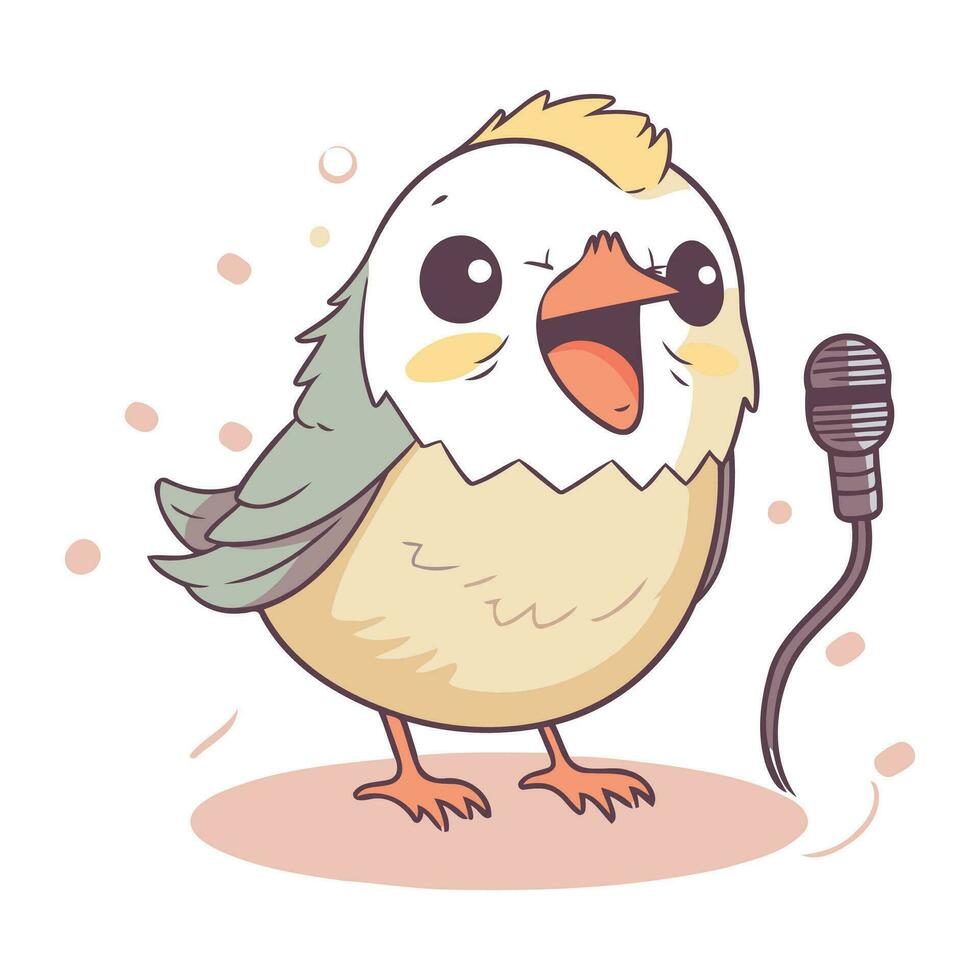Vector illustration of a cute little chick singing a song with a microphone.
