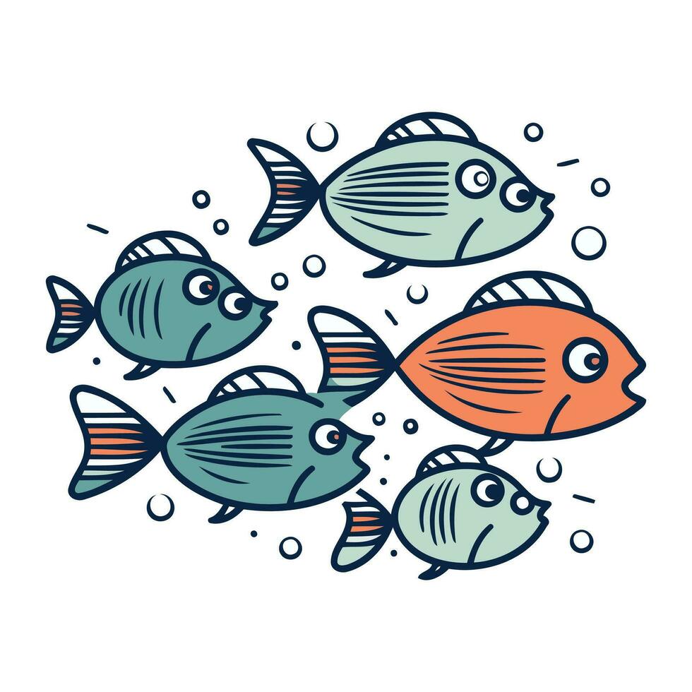 conjunto de linda dibujos animados peces en garabatear estilo. vector ilustración.