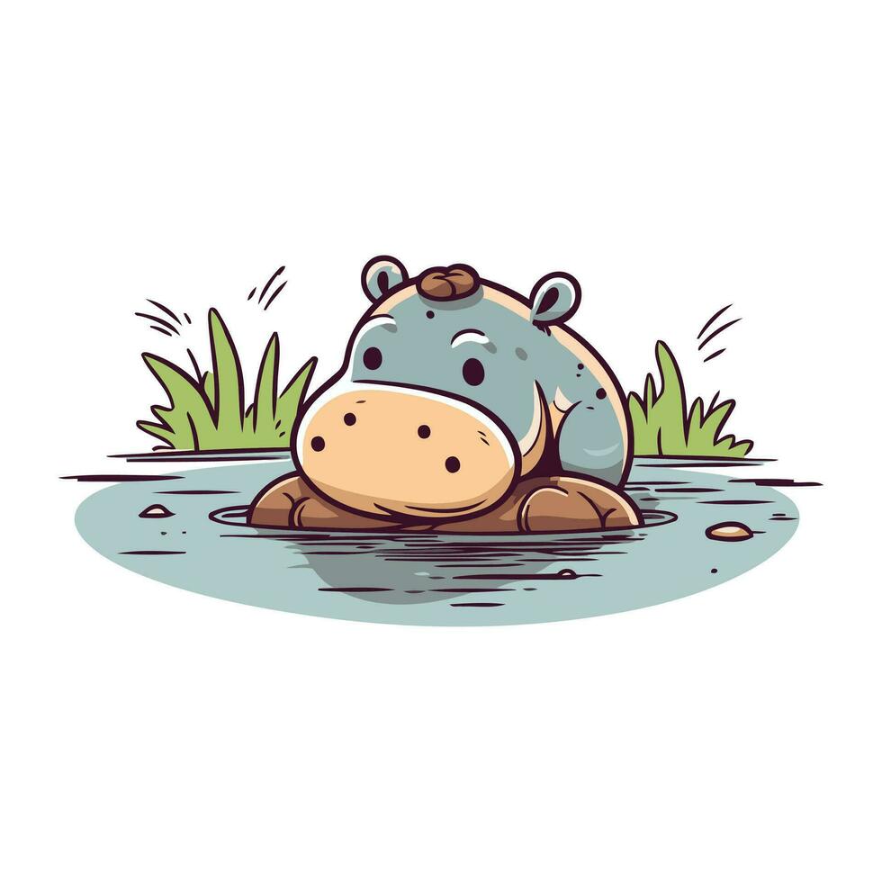 Cute hippopotamus in the river. Cartoon vector illustration.