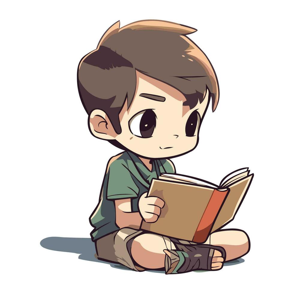 Boy reading a book on a white background. Vector cartoon illustration.