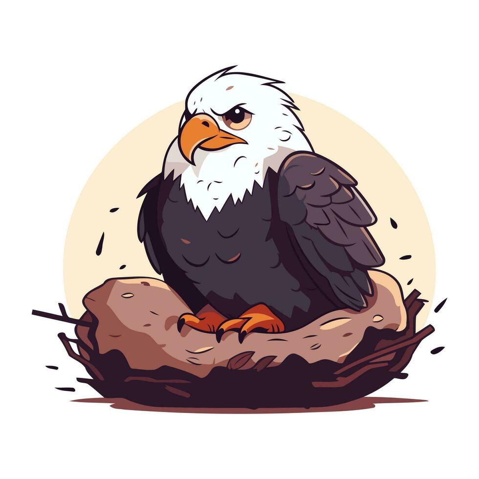 calvo águila sentado en nido. vector ilustración en dibujos animados estilo.