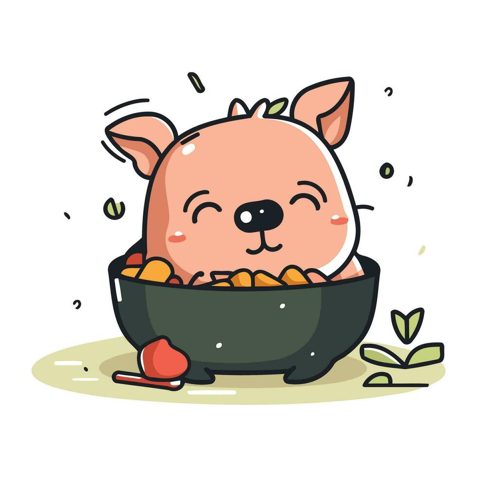 Cute cartoon piglet with a bowl of food. Vector illustration.