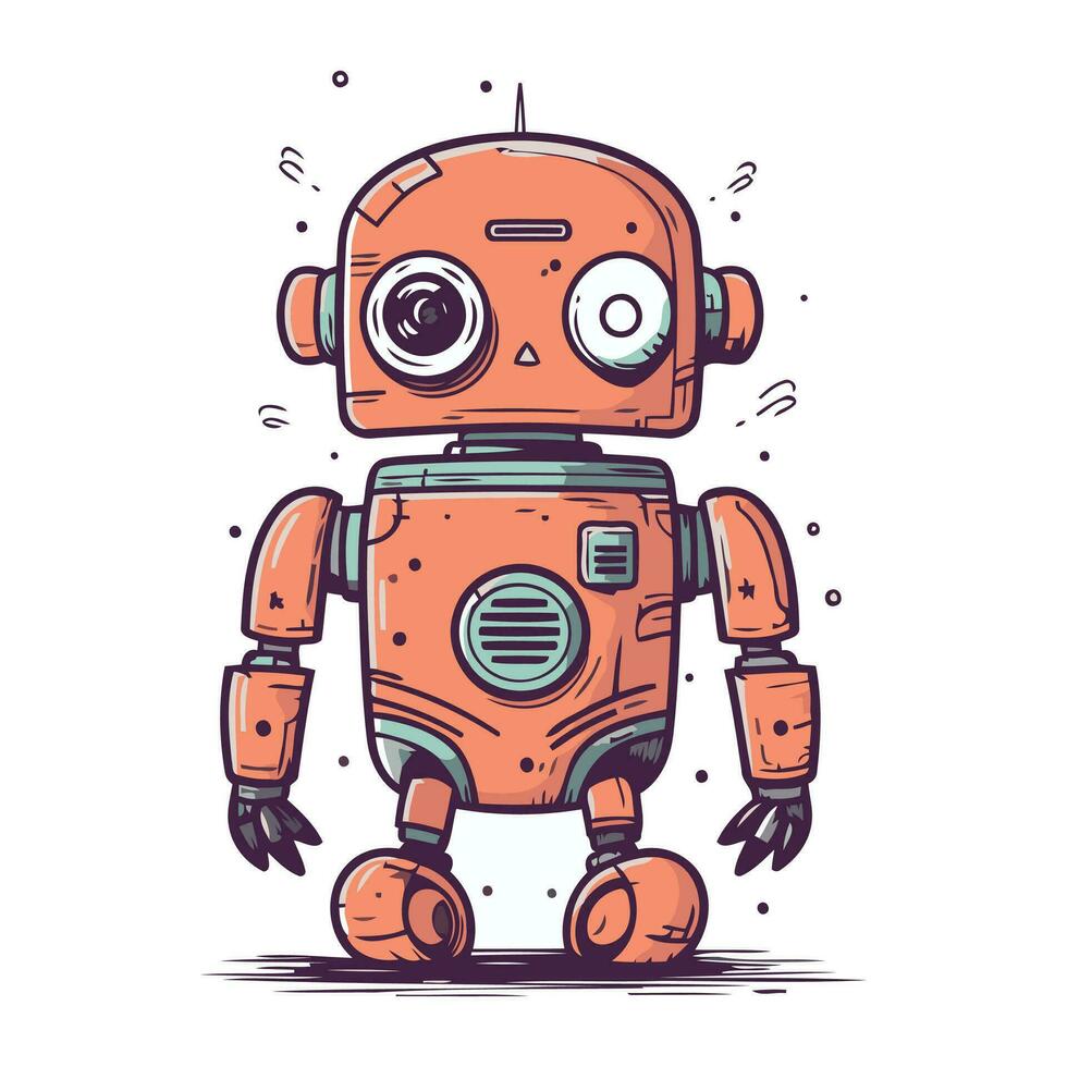 Cute little robot. Hand drawn vector illustration in cartoon style.