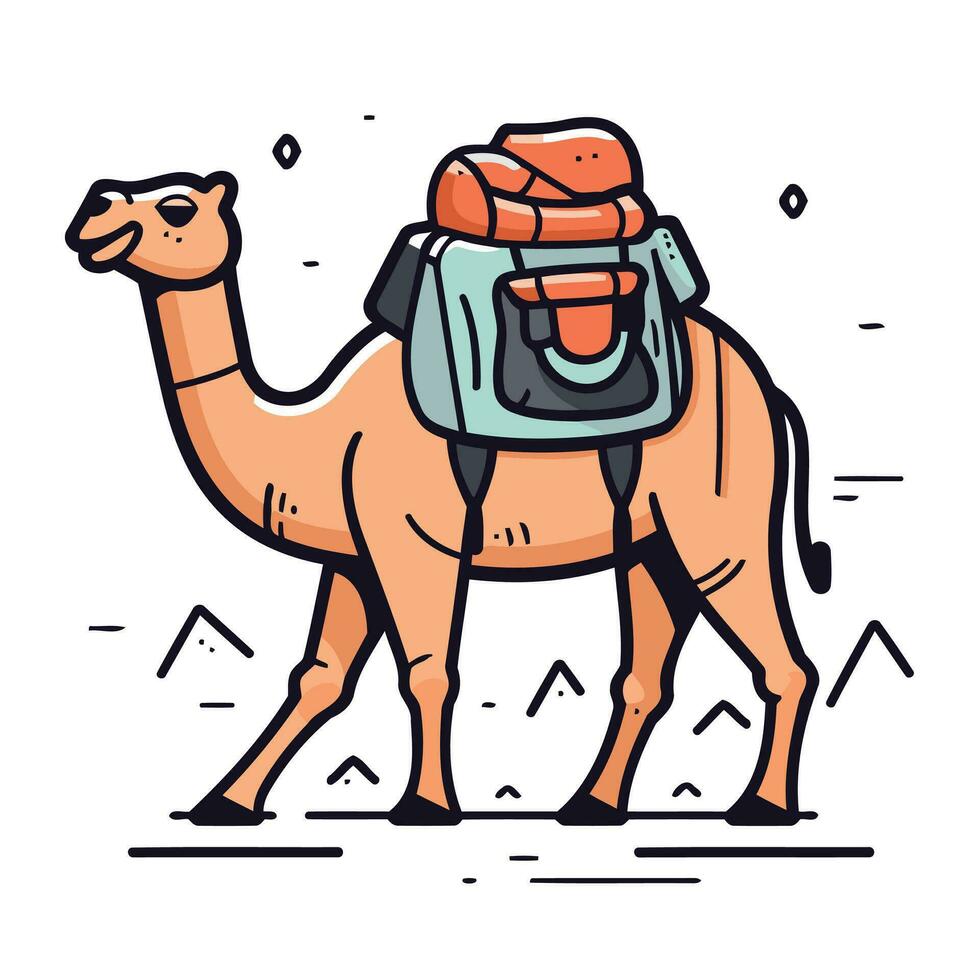 Camel with a backpack. Vector illustration in flat cartoon style.