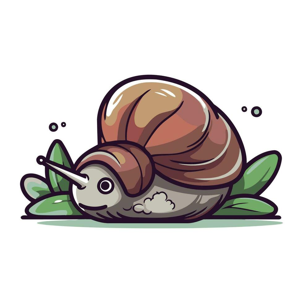 Cartoon snail on the green grass. Vector illustration of a cartoon snail.