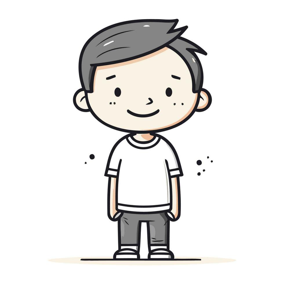 Smiling boy standing and looking at camera. Hand drawn vector illustration.