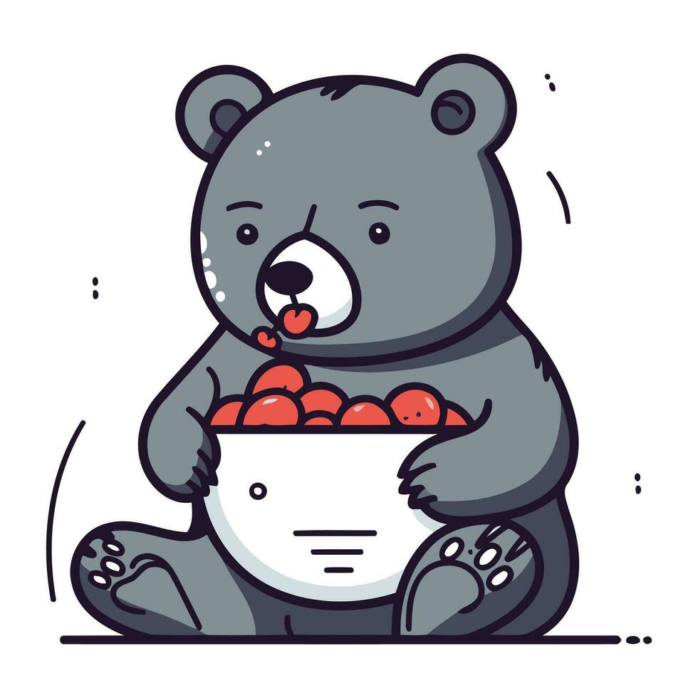 Cute bear with bowl of cherries. Vector illustration in cartoon style.
