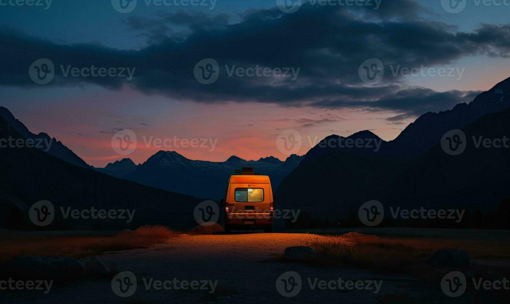 The glowing light from the camper van illuminated the beautiful nature around it. Creating using generative AI tools photo