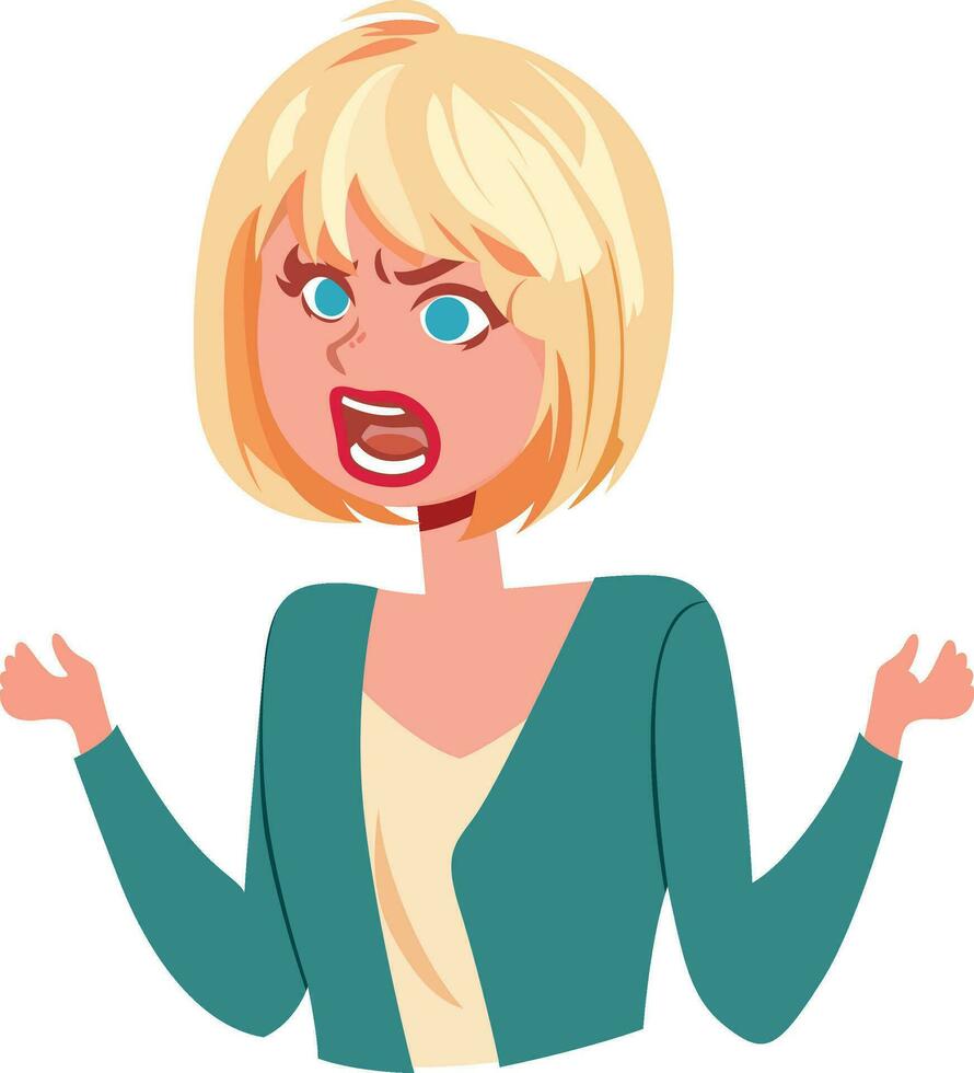 female customer complaining , angry blonde woman with short hair complaining vector illustration, Angry woman , disappointed customer yelling stock vector image